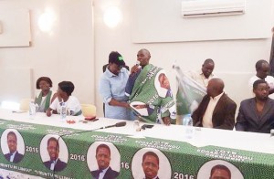 •PATRIOTIC Front (PF) chairperson for elections, Jean Kapata (in cap) welcomes United Party for National Development deputy spokesperson, Edwin Lifwekelo back to the PF yesterday.