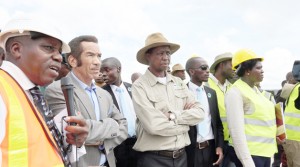 •PRESIDENT Edgar Lungu and his Botswana counterpart Seretse Khama Ian Khama during a tour of the first stage of the construction of the Kazungula Bridge yesterday.  Picture by EDDIE MWANALEZA/STATE HOUSE