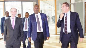 • LEFT to right: European Investment Bank (EIB) Deputy Director General Patrick Walsh,  Zambia’s Minister of Finance Felix Mutati and EIB Head of Division - Country Relations and Sub-Saharan Africa Diedrick Zambon .