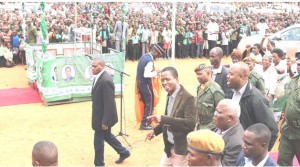 •PRESIDENT Edgar Lungu (brown jacket) gestures on arrival at Isoka Old Market to address a public rally in Isoka yesterday.  Picture by EDDIE MWANALEZA/STATE HOUSE 