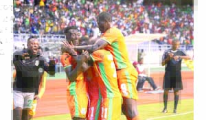 • CAF JOY: Zesco United players celebrate their third goal by Jesse-Jackson Were against Enugu Rangers yesterday at Levy Mwanawasa Stadium.