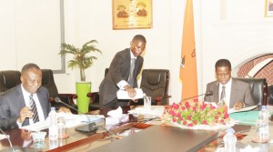 • PRESIDENT Edgar Lungu during the presentation of the ministerial quarterly reports from Finance Minister Felix Mutati (left) at State House yesterday. Picture by SHABBY MULOPWE/ZANIS