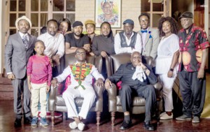 •ZAMBIA  Association of Musicians president, Njoya Tembo sits next to first Republican President Kenneth Kaunda during the musicians' visit to Zambia's founding father's State Lodge home in Lusaka.  Picture by courtesy of ZAM