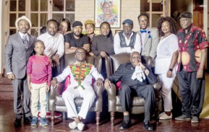 ZAMBIA  Association of Musicians president, Njoya Tembo sits next to first Republican President Kenneth Kaunda during the musicians' visit to Zambia's founding father's State Lodge home in Lusaka.  Picture by courtesy of ZAM