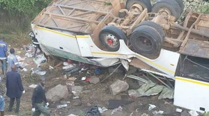  THE flipped Scania Marcopolo bus belonging to Kapena Bus Services that claimed the lives of 19 passengers in Kacholola area on the Great East Road in a road accident on Tuesday.