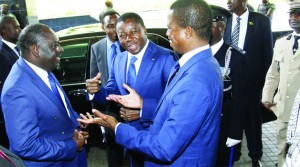 • PRESIDENT Edgar Lungu (right), Togolese President Faure Gnassingbé (centre)  and Defence Minister Davies Chama (left) share a light moment at the Intercontinental Hotel in Lusaka yesterday. Picture by SALIM HENRY/STATE HOUSE