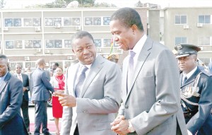 • President Edgar Lungu  (right) with his Togolese counterpart Faure Gnassingbé at Kenneth Kaunda Internatiponal Airport in Lusaka before the latter's departure yesterday. Picture by Eddie Mwanaleza/STATE HOUSE