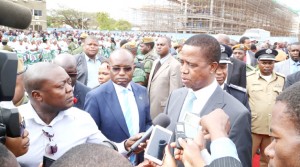 •PRESIDENT Edgar Lungu speaks to journalists at the Kenneth Kaunda International Airport before departure for Uganda in Lusaka yesterday. Picture by ROYD SIBAJENE/ZANIS