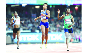 • Amantle Montsho of Botswana, Phyllis Francis of the United States and Kabange Mupopo of Zambia compete during the Women’s 400 metres semi finals during day four of the 16th IAAF World Athletics Championships London 2017 at The London Stadium in London, United Kingdom on Monday. Picture by Michael Steele/Getty Images