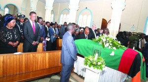 • PRESIDENT Edgar Lungu and First Lady Esther yesterday joined hundreds of mourners during the requiem mass held in honour of late former Health minister Joseph Kasonde at Saint Ignatius Catholic Church in Lusaka.  Pictures by THOMAS NSAMA/STATE HOUSE